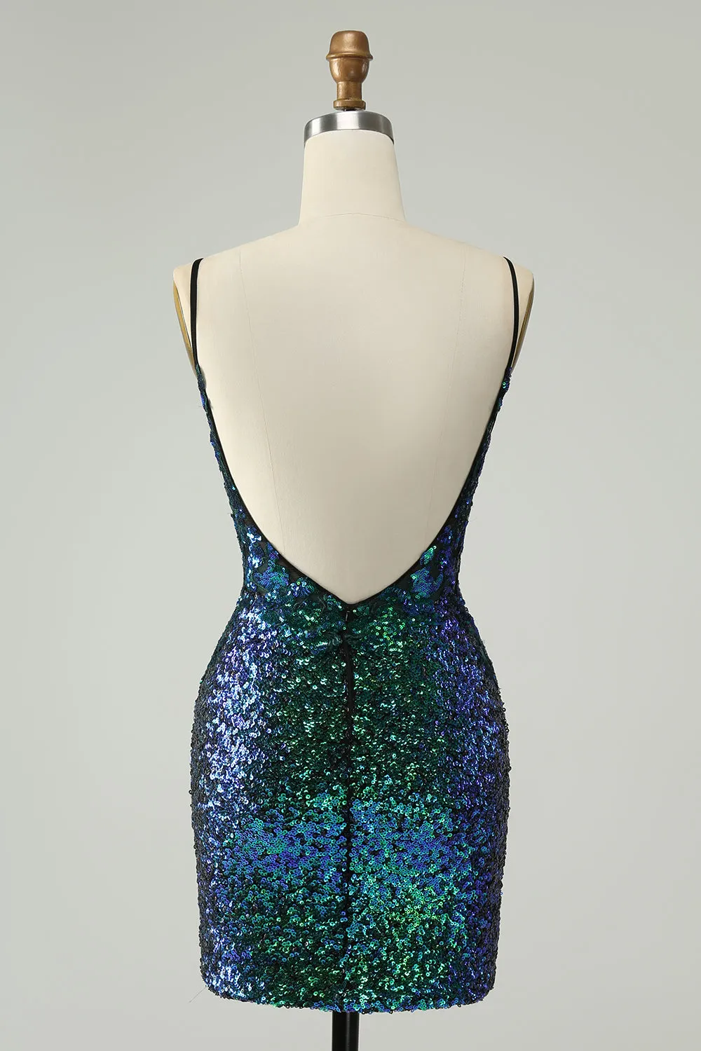 Sparkly Dark Green Spaghetti Straps Tight Homecoming Dress with Sequins