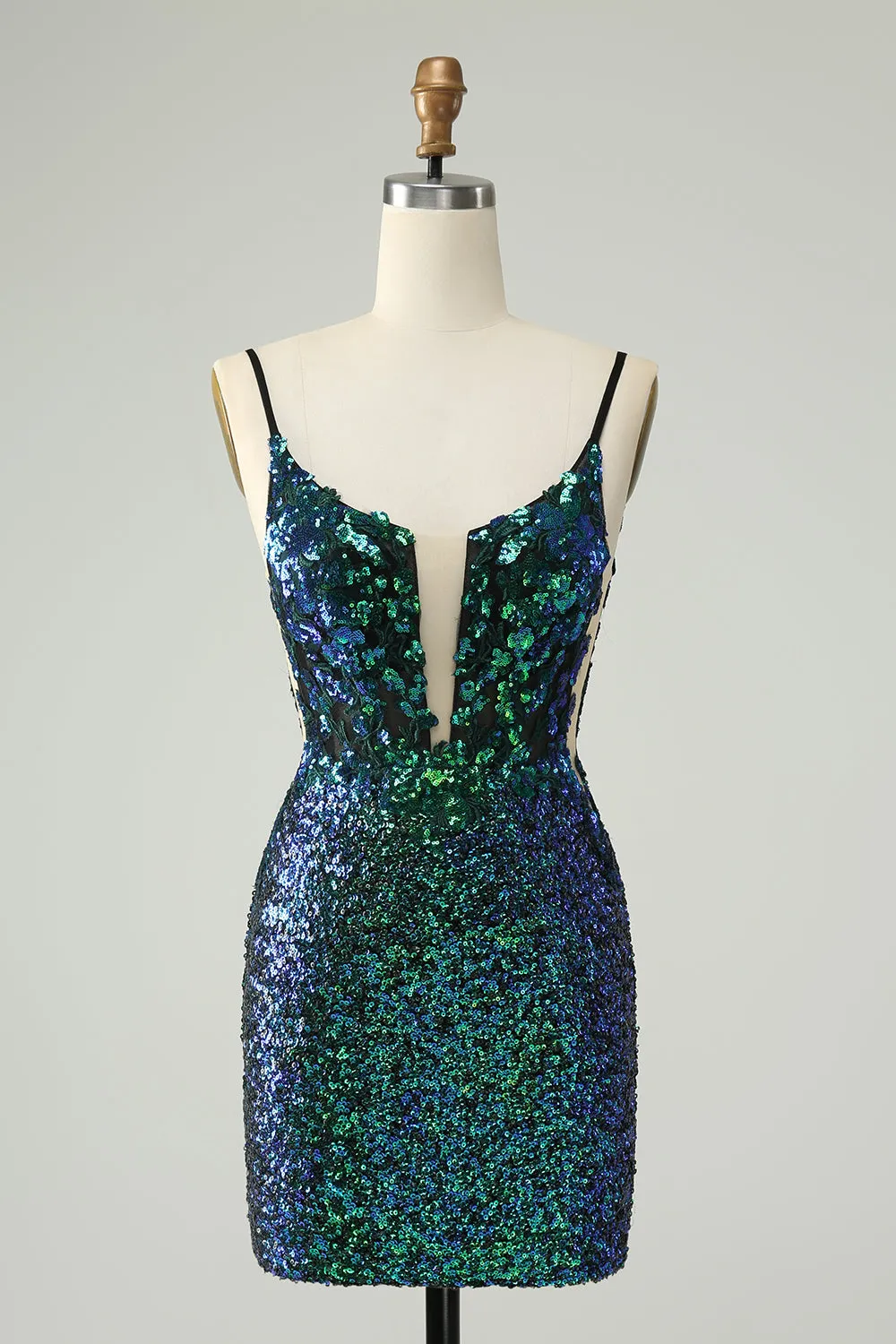 Sparkly Dark Green Spaghetti Straps Tight Homecoming Dress with Sequins