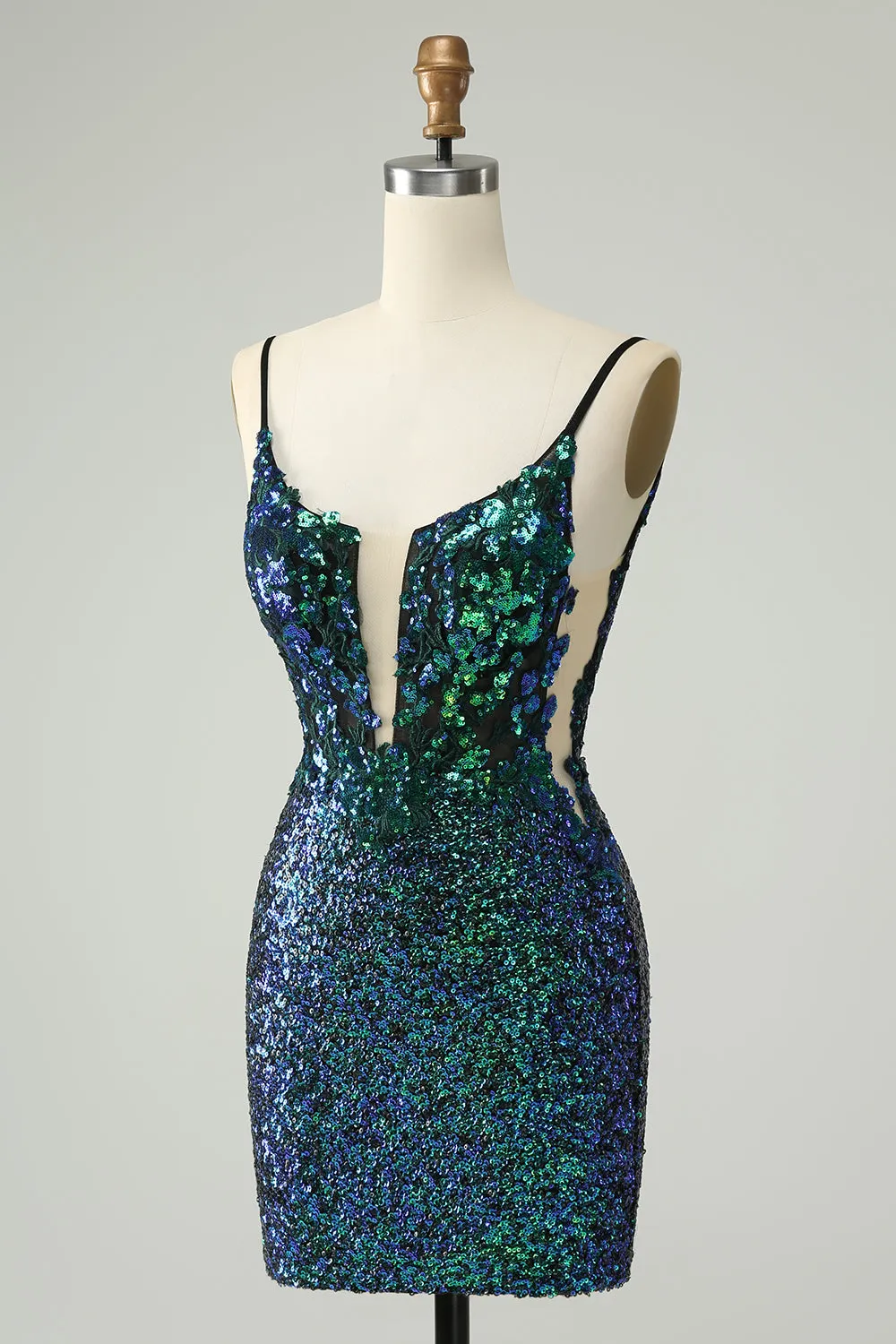 Sparkly Dark Green Spaghetti Straps Tight Homecoming Dress with Sequins