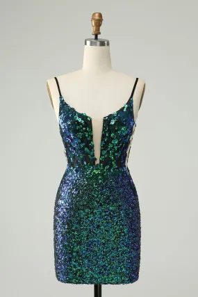 Sparkly Dark Green Spaghetti Straps Tight Homecoming Dress with Sequins