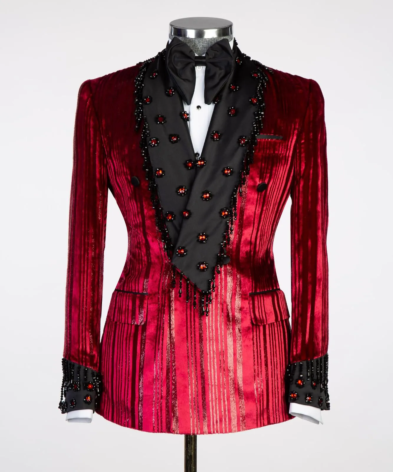 Stoned Fringed Collar Red Black Shining Tuxedo