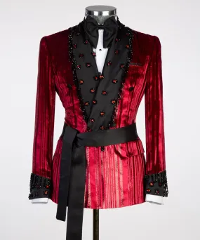 Stoned Fringed Collar Red Black Shining Tuxedo