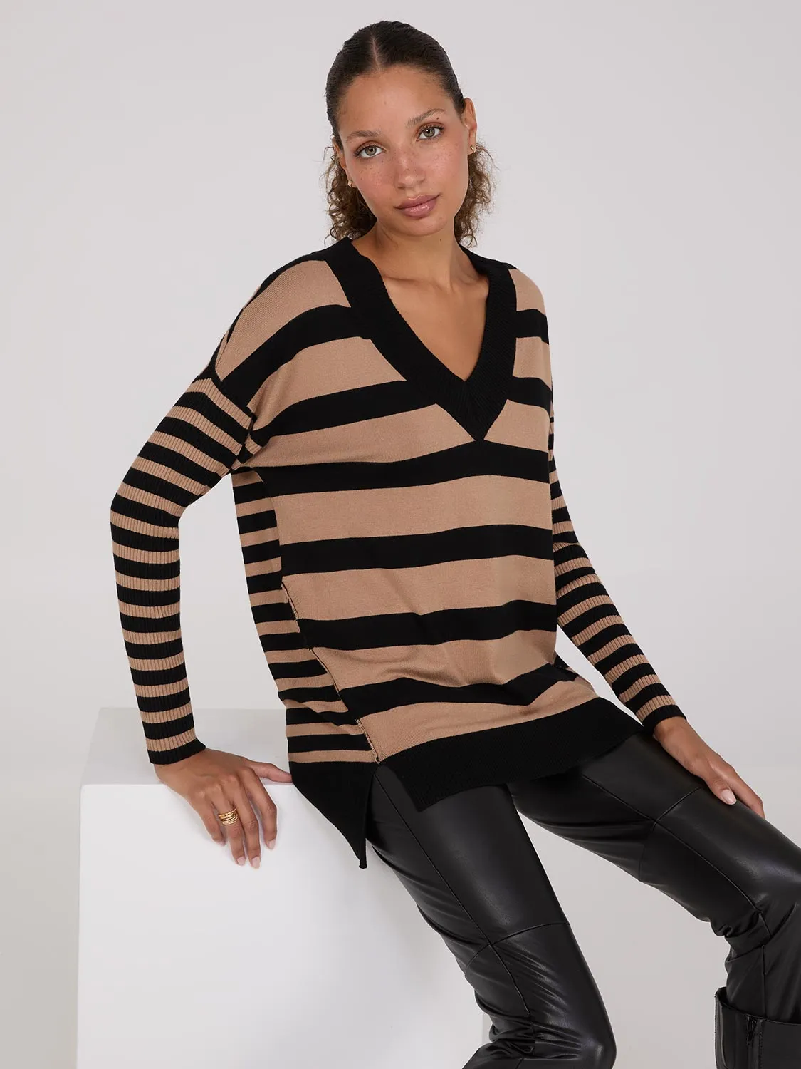 Striped Ribbed V-Neck Tunic Top