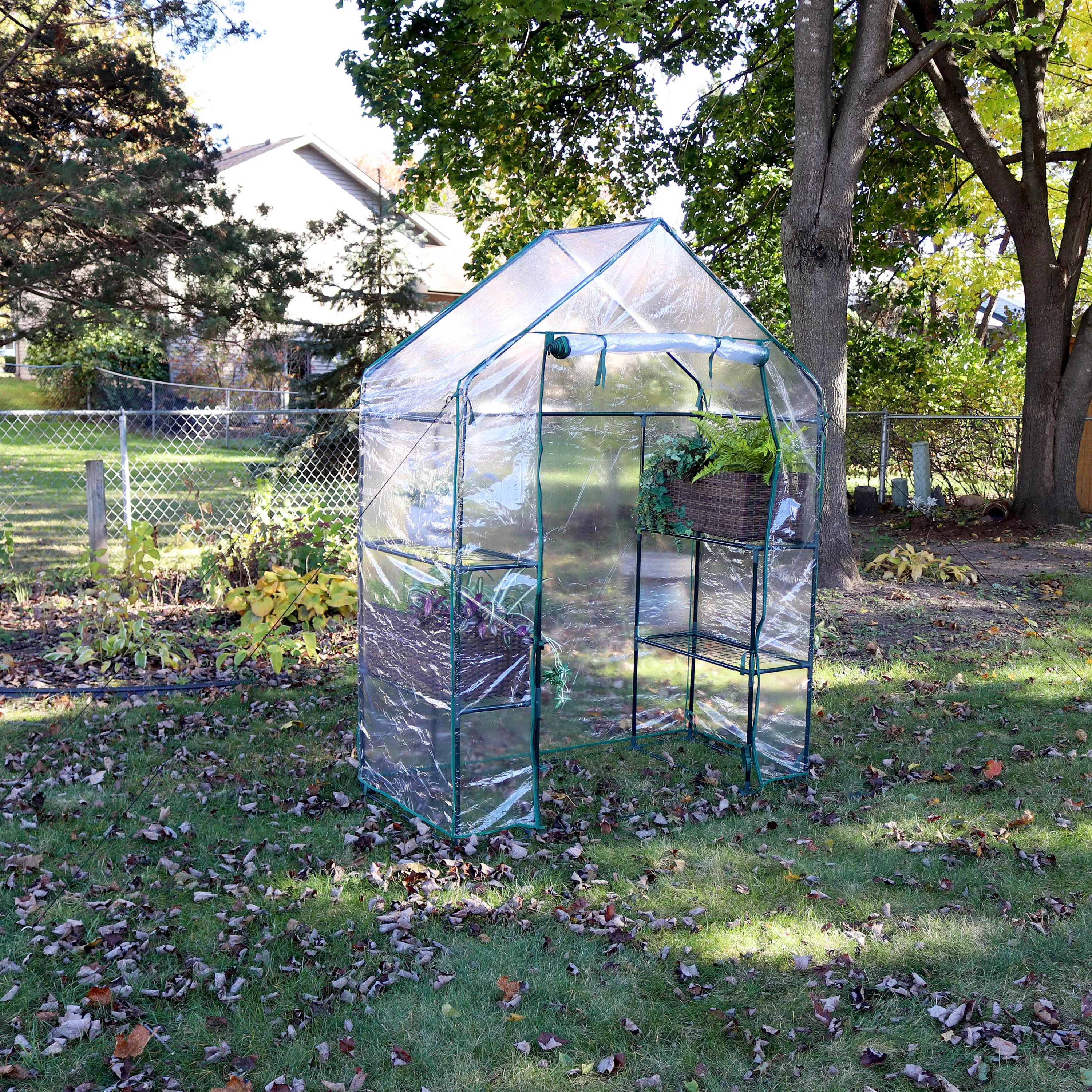 Sunnydaze Deluxe Walk-In Greenhouse with 4 Shelves for Outdoors - Clear