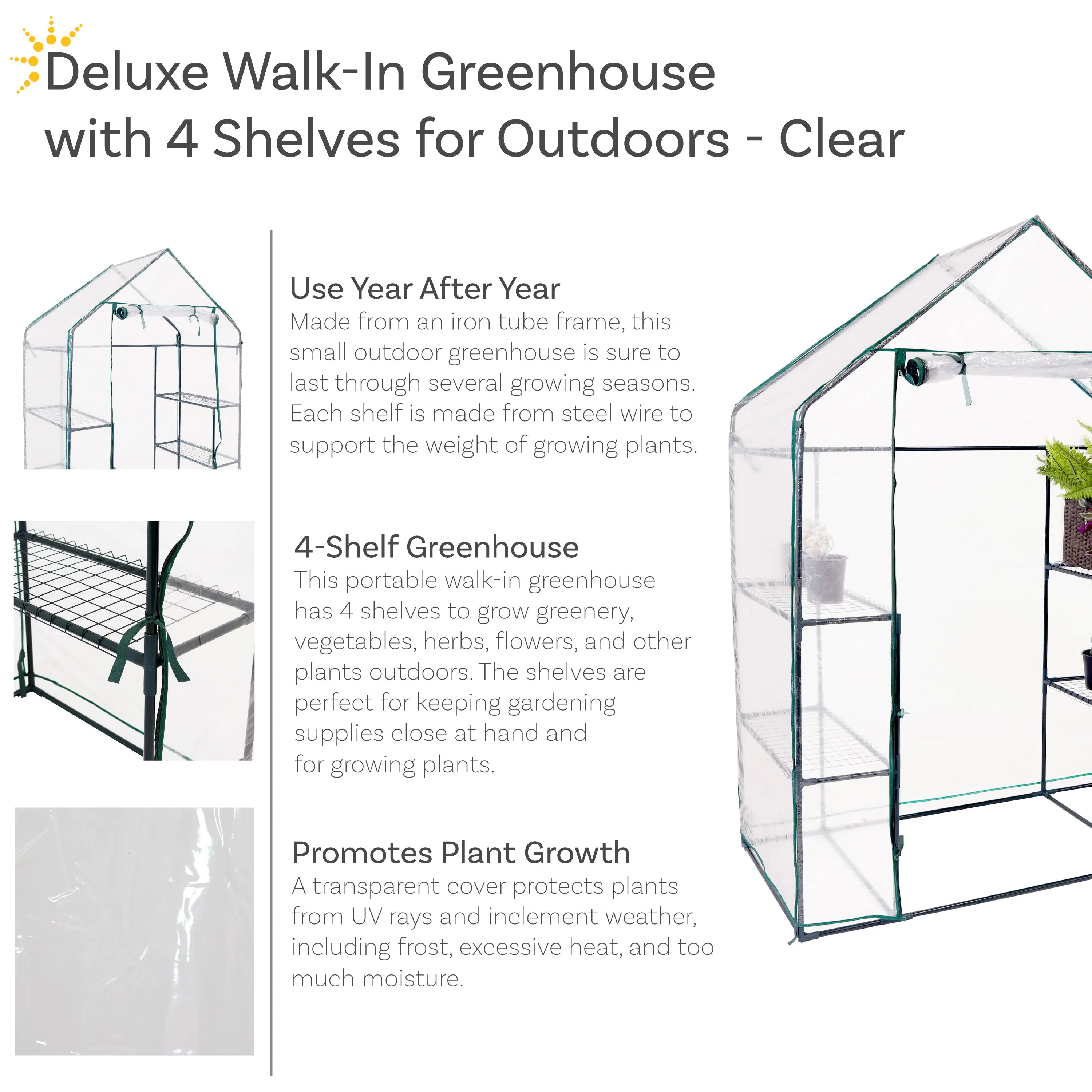 Sunnydaze Deluxe Walk-In Greenhouse with 4 Shelves for Outdoors - Clear