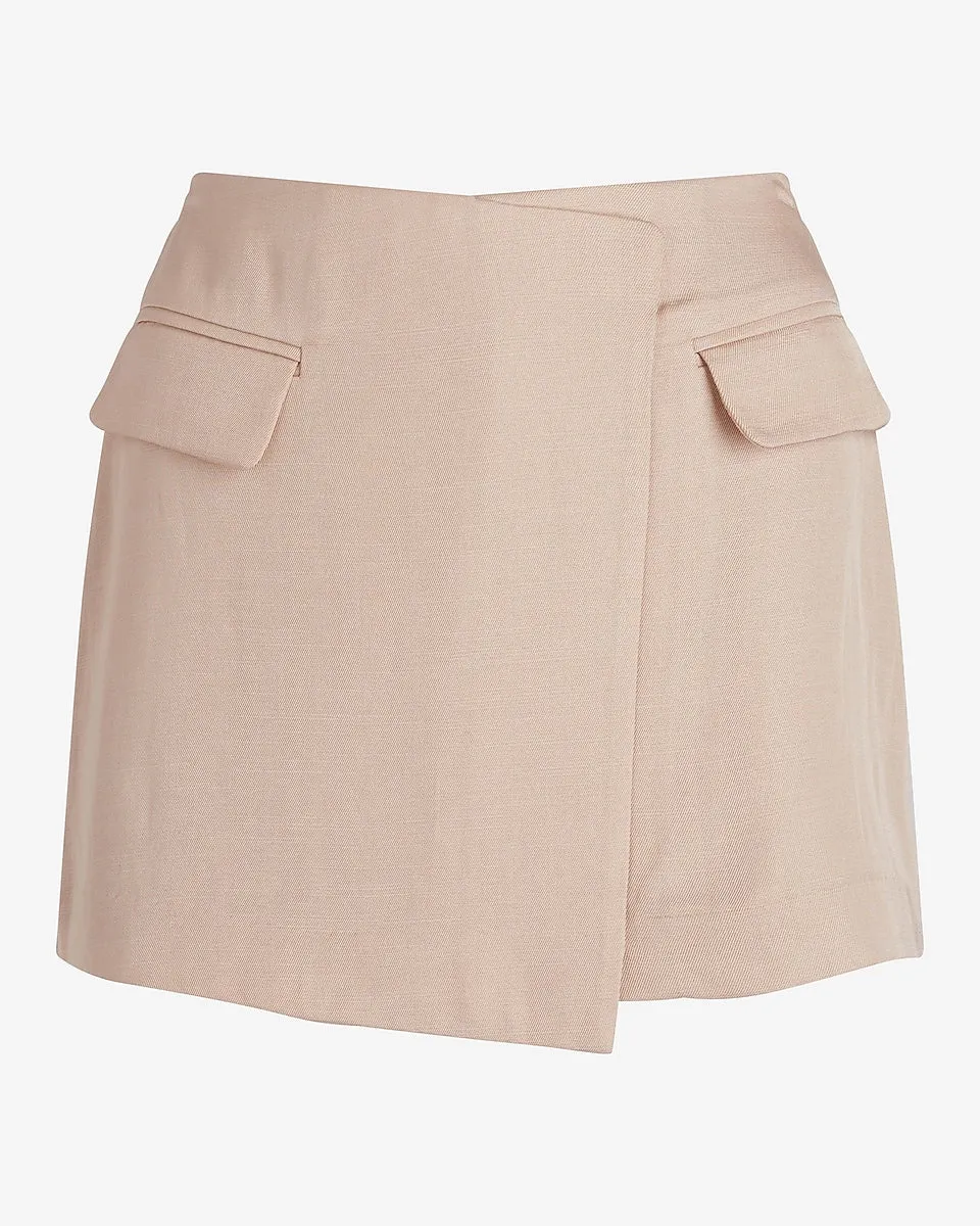 Super High Waisted Linen-Blend Wrap Skort in Neutral