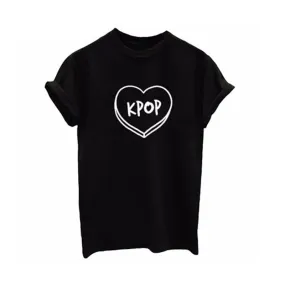 T-Shirt Col Rond en Coton Style K-Pop pour Femme