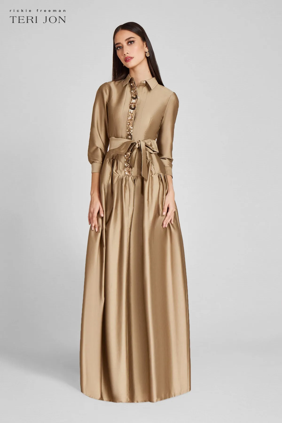 Taffeta Shirtdress Gown With Beaded Placket