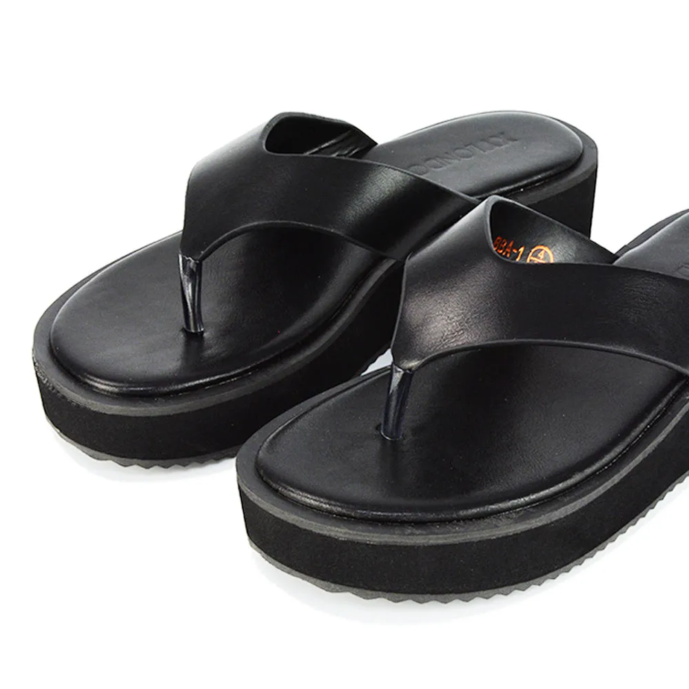 Tammi Thong Strap Flatform Flip Flop Sandal Slides in Black Synthetic Leather