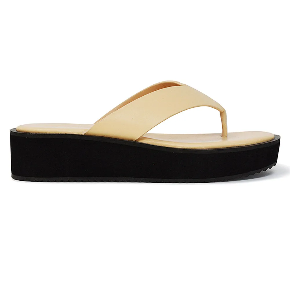 Tammi Thong Strap Flatform Flip Flop Sandal Slides in Black Synthetic Leather