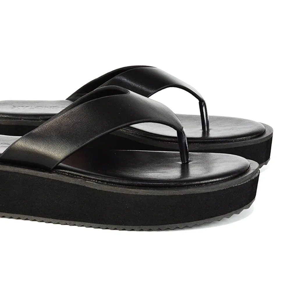 Tammi Thong Strap Flatform Flip Flop Sandal Slides in Black Synthetic Leather