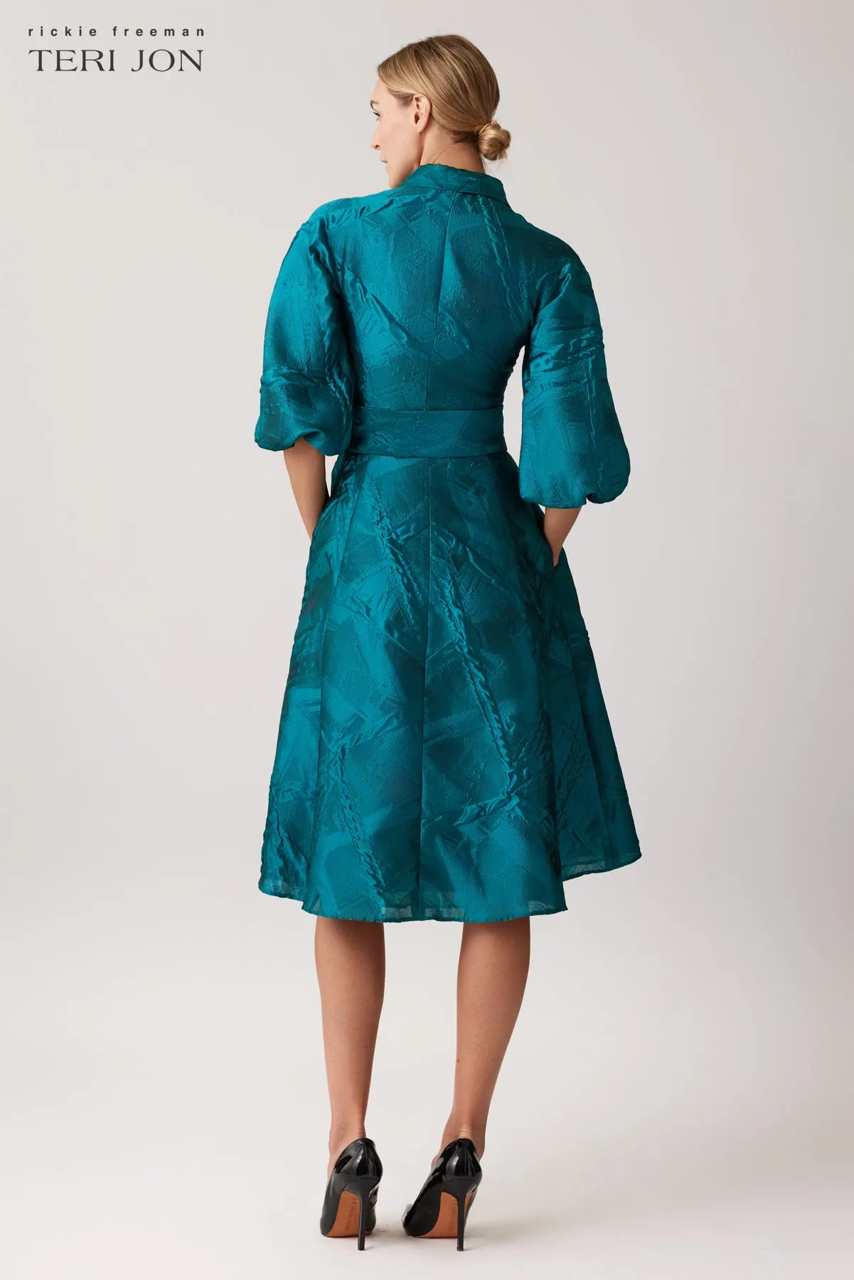 Textured Jacquard Balloon Sleeve Shirt Dress