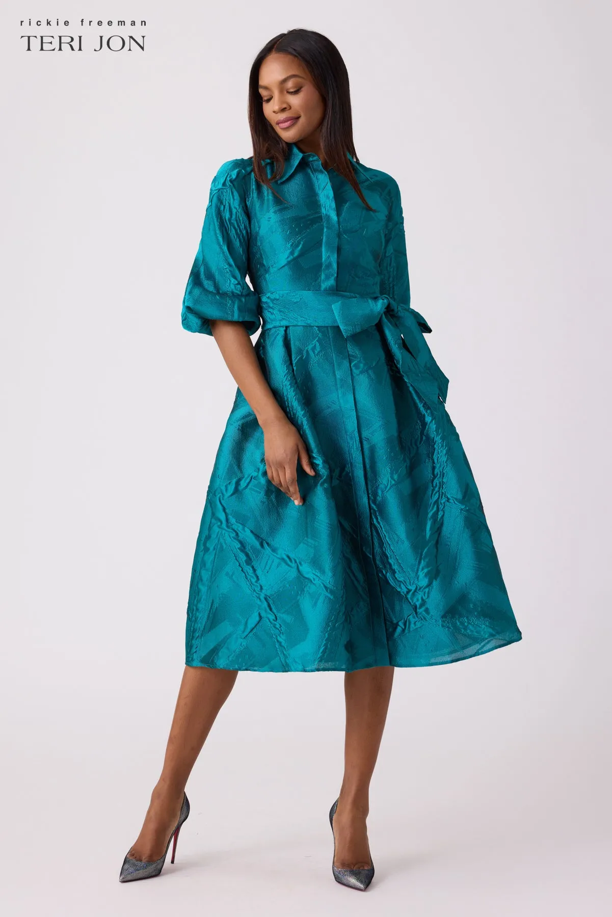 Textured Jacquard Balloon Sleeve Shirt Dress