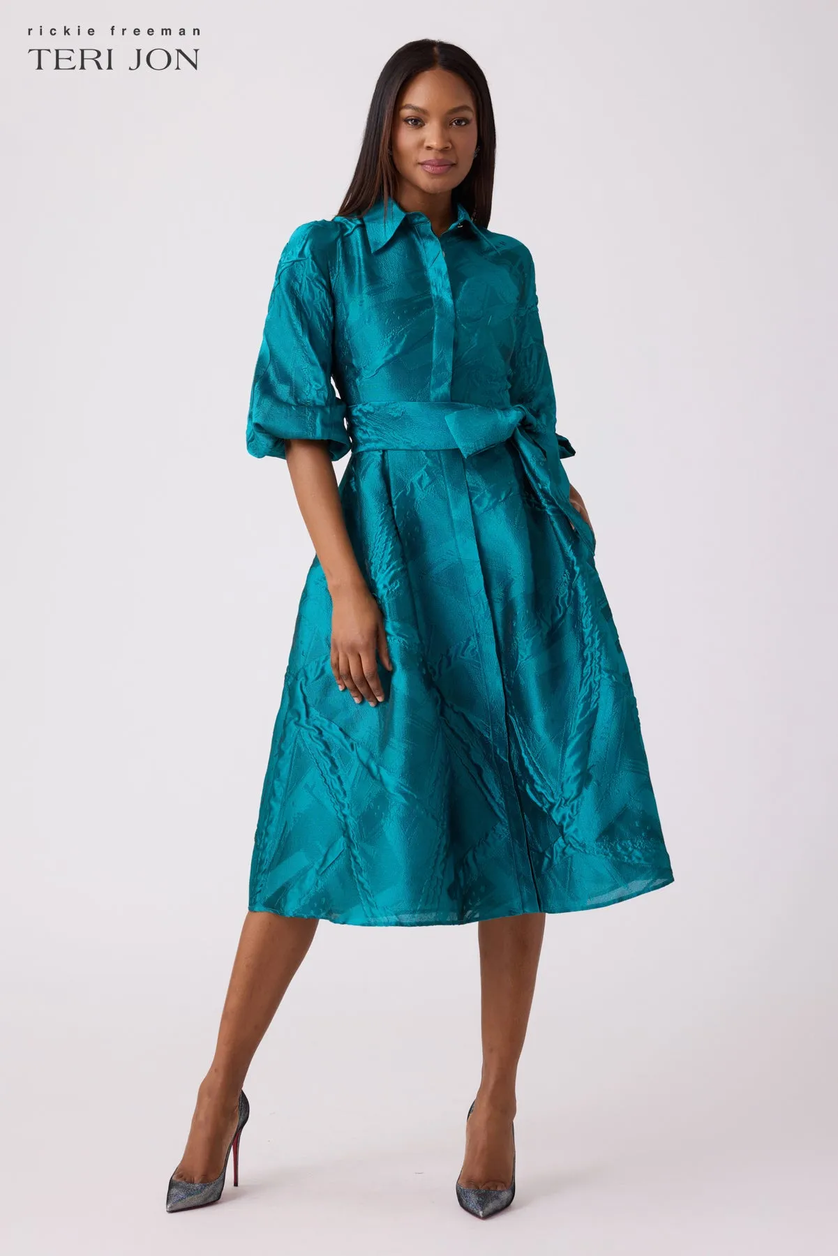 Textured Jacquard Balloon Sleeve Shirt Dress