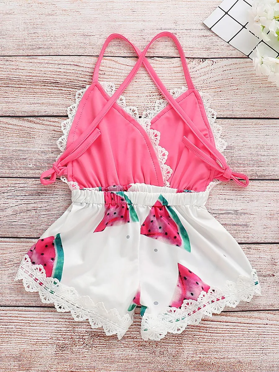 Trendy Infant Baby Girl Summer Lace Trimmed Watermelon Jumpsuit