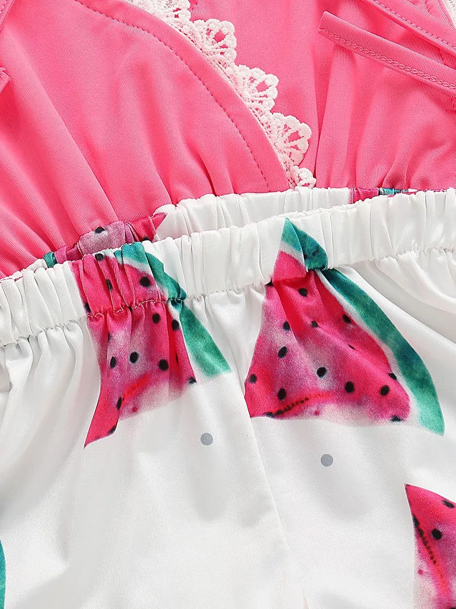 Trendy Infant Baby Girl Summer Lace Trimmed Watermelon Jumpsuit