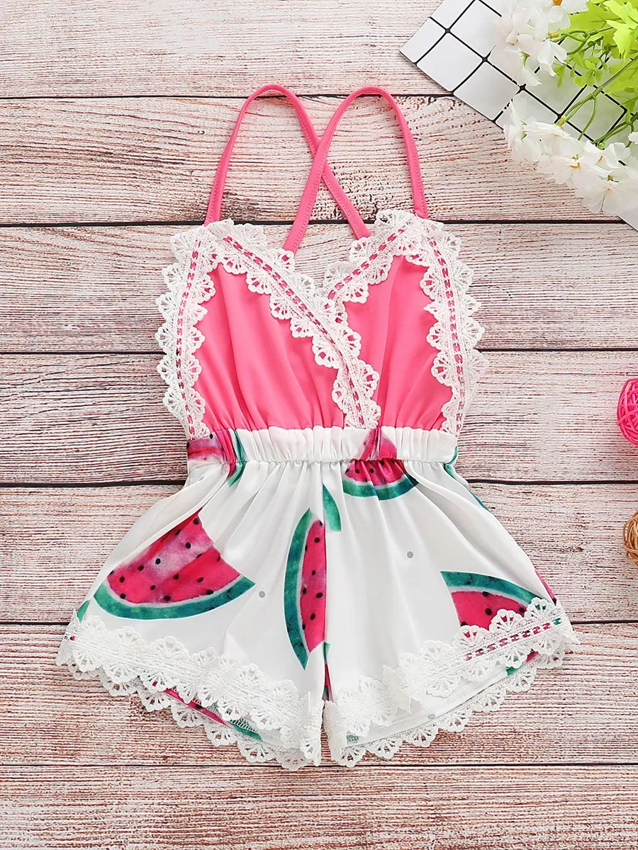 Trendy Infant Baby Girl Summer Lace Trimmed Watermelon Jumpsuit