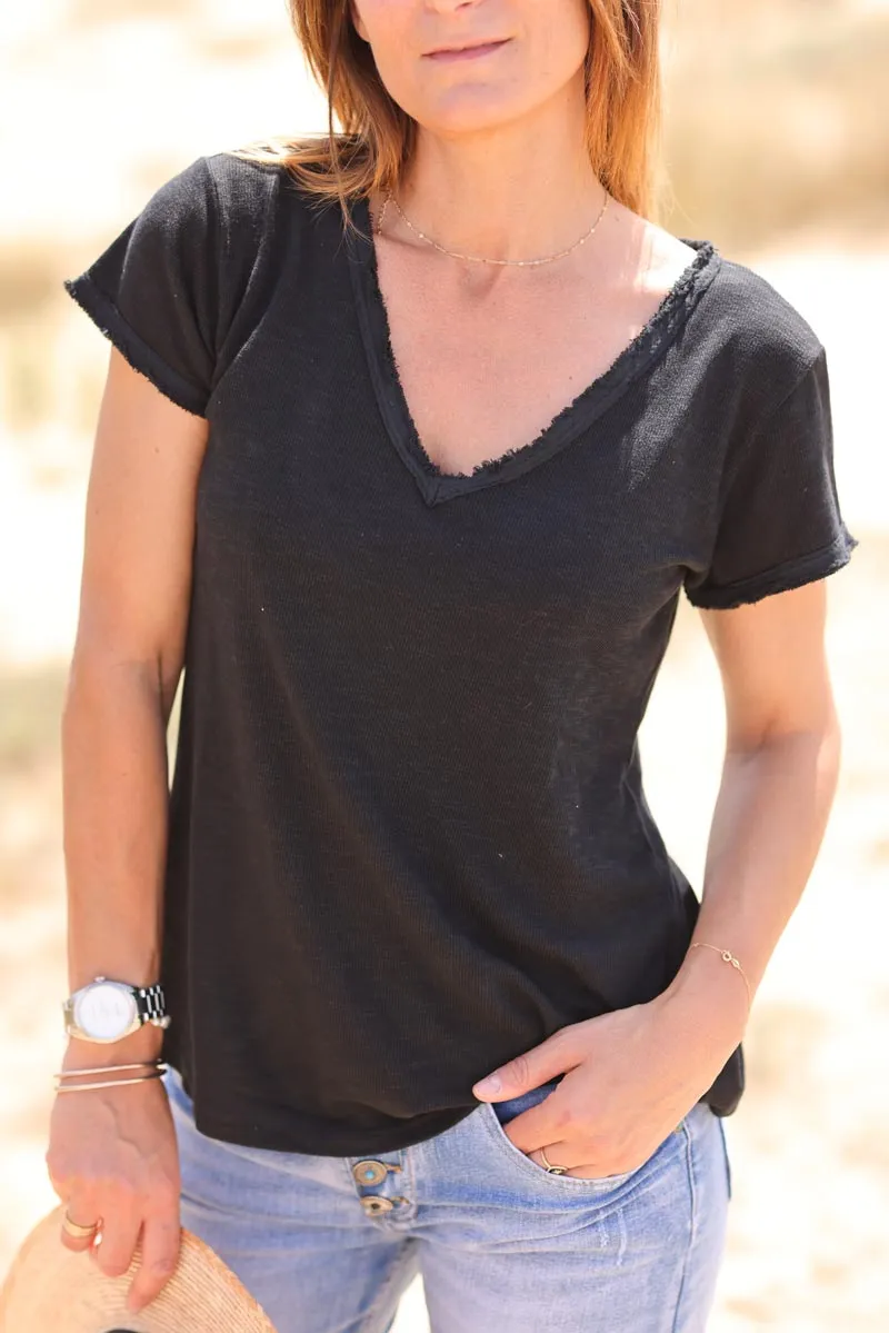 Tshirt coton stretch noir finitions petites franges