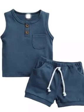 TTS Sleeveless Blue Henley Short Set