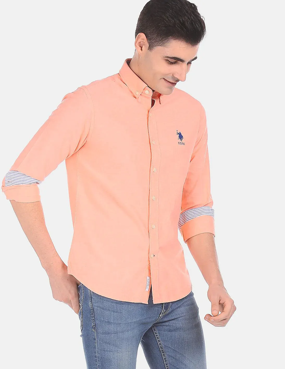 U.S. Polo Assn. Men Light Orange Long Sleeve Button Down Casual Shirt