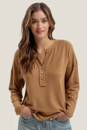 V Neck Henley Top (Almond)