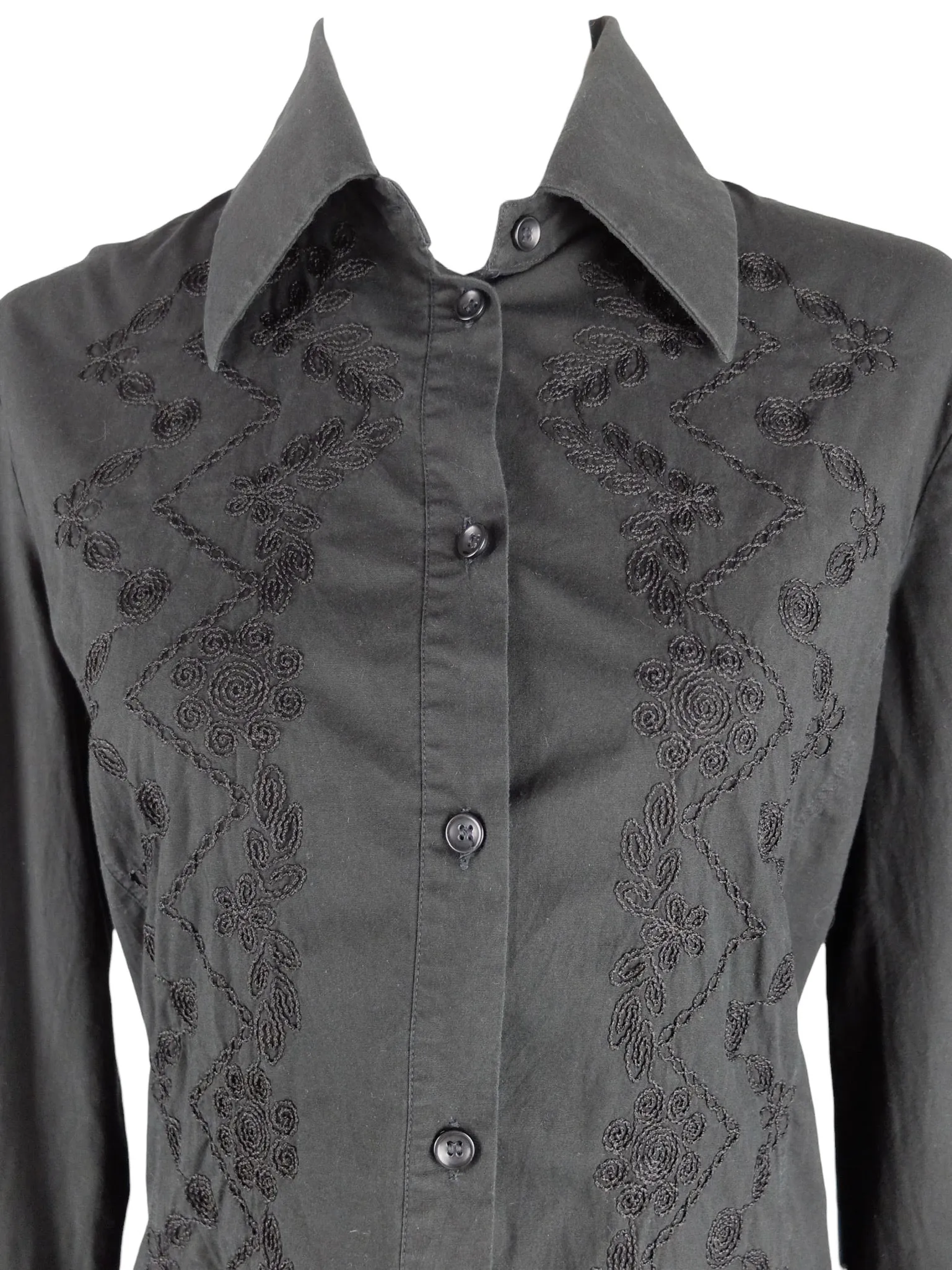 Vintage 2000s Y2K Gianfranco Ferre Avant Garde Designer Gothic Grunge Black Cotton Blend Embroidered Blouse Shirt