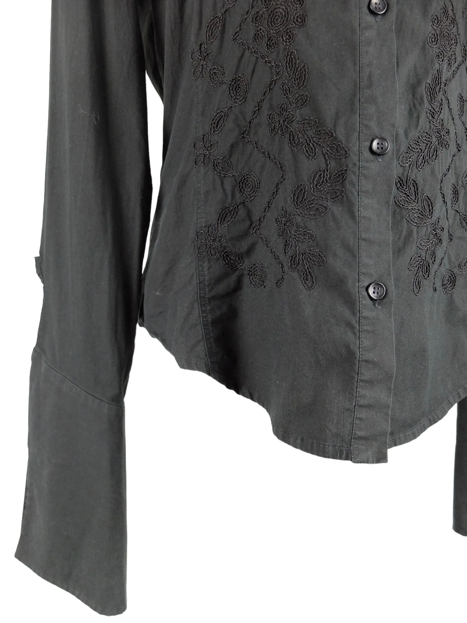 Vintage 2000s Y2K Gianfranco Ferre Avant Garde Designer Gothic Grunge Black Cotton Blend Embroidered Blouse Shirt