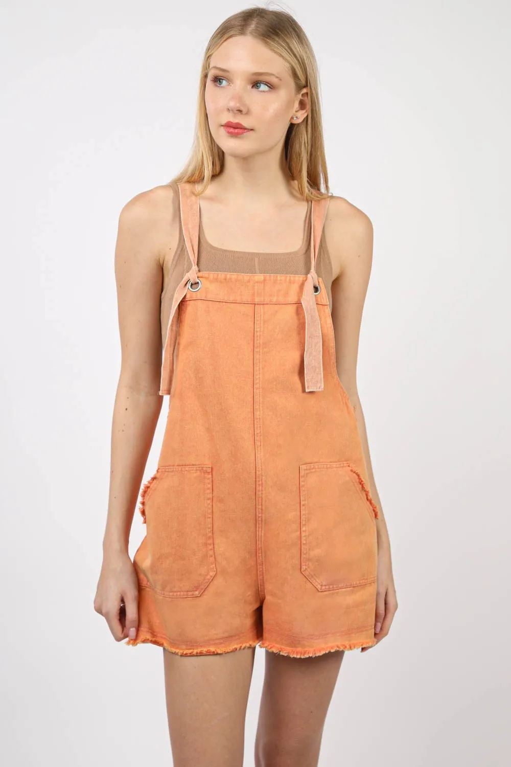 Washed Frayed Hem Denim Overalls