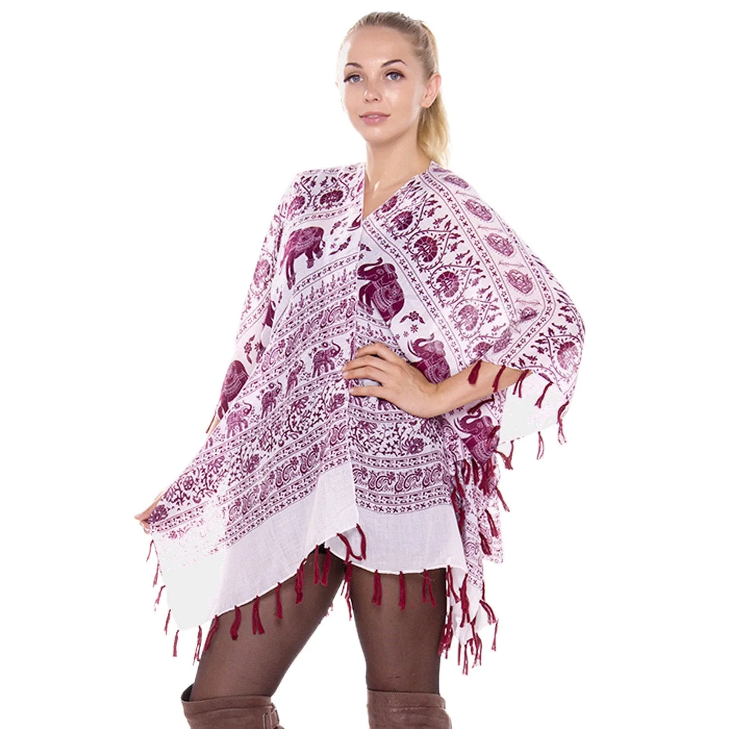 White and Crimson Elephant Tassel Shawl