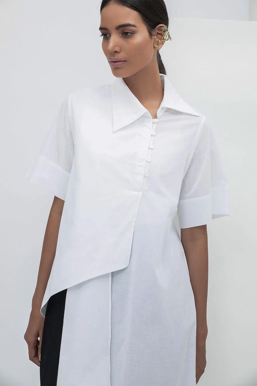 White Overlap Drape Shirt Tunic