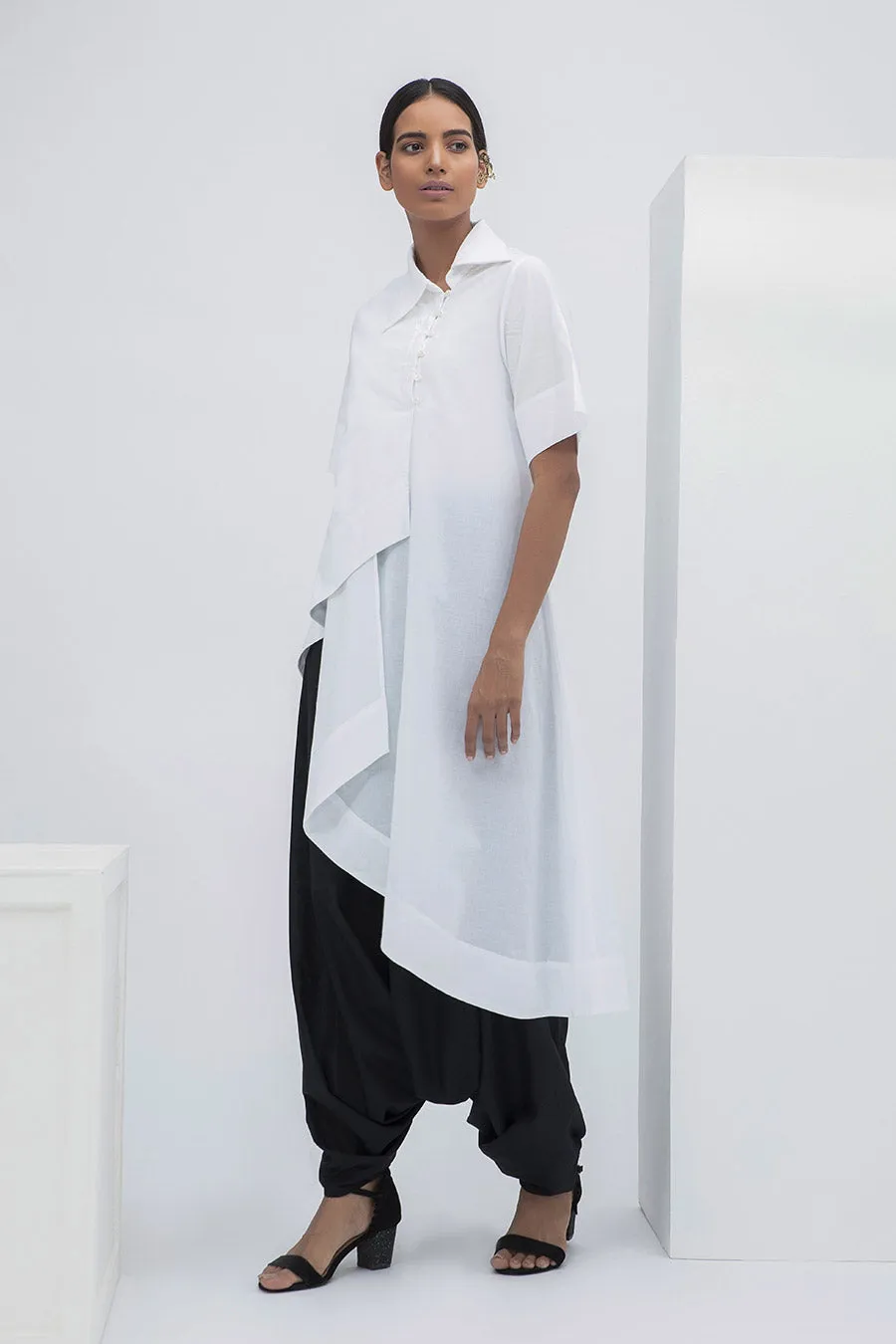 White Overlap Drape Shirt Tunic