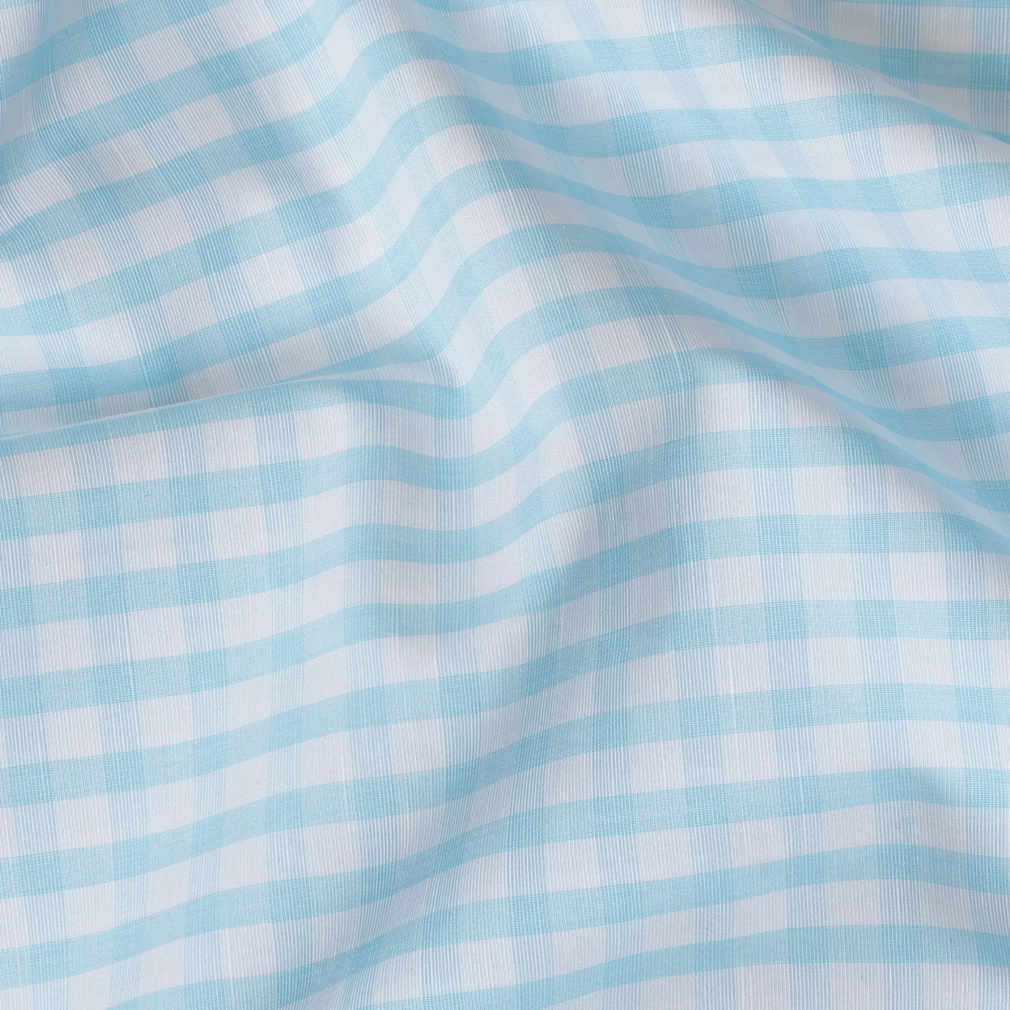 White Premium 100% cotton shirting fabric with turquoise blue print in checks design-D16843