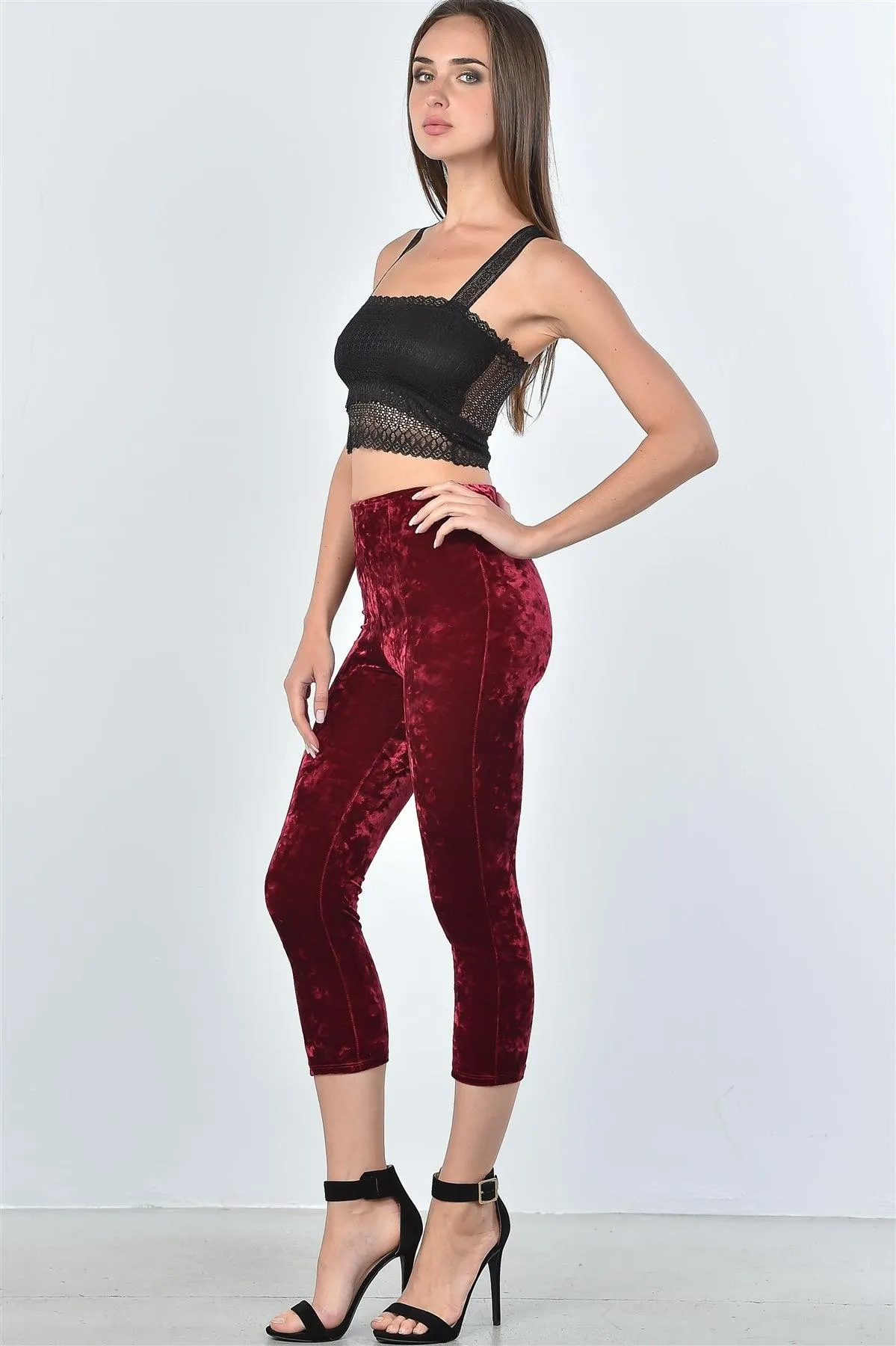 Wine Velvet Calf-Length High Waist Pants /3-2-1