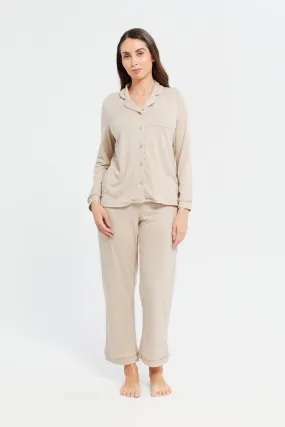 Women Beige Solid Classic Pajama Set (2 Piece)