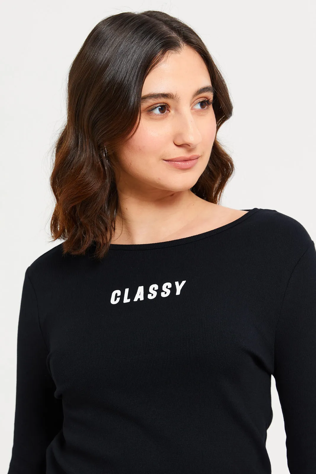 Women Black Classy Print T-Shirt