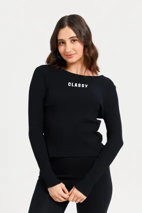 Women Black Classy Print T-Shirt