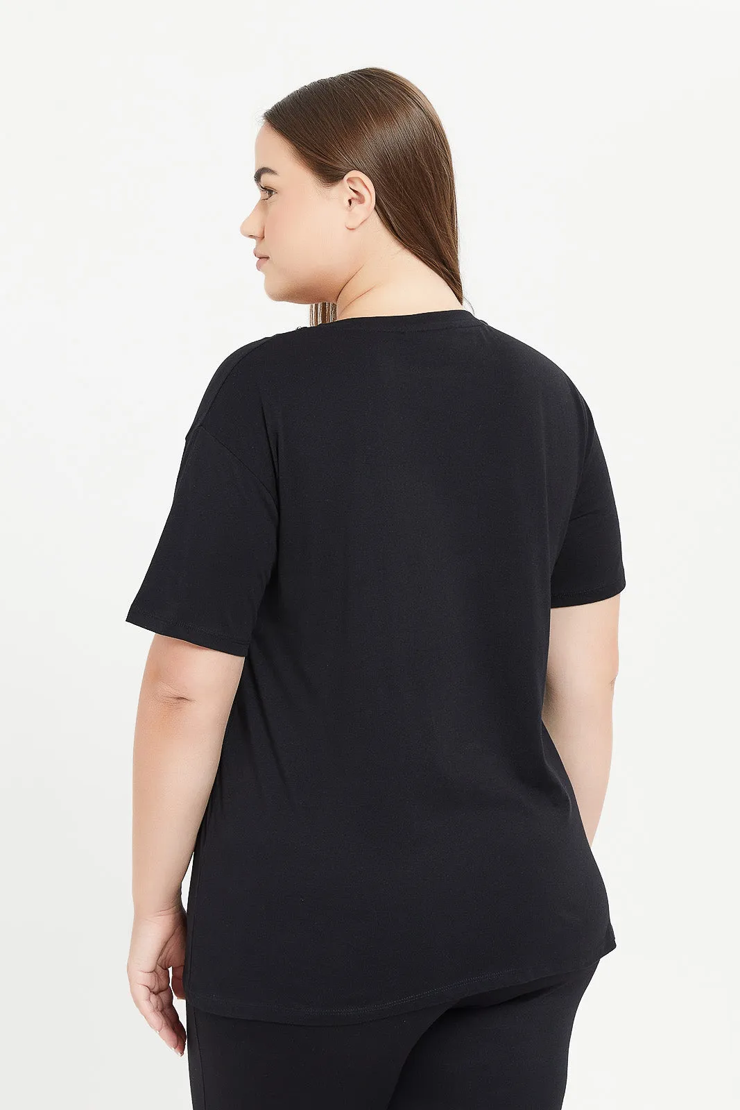 Women Black Embellished Neck T-Shirt