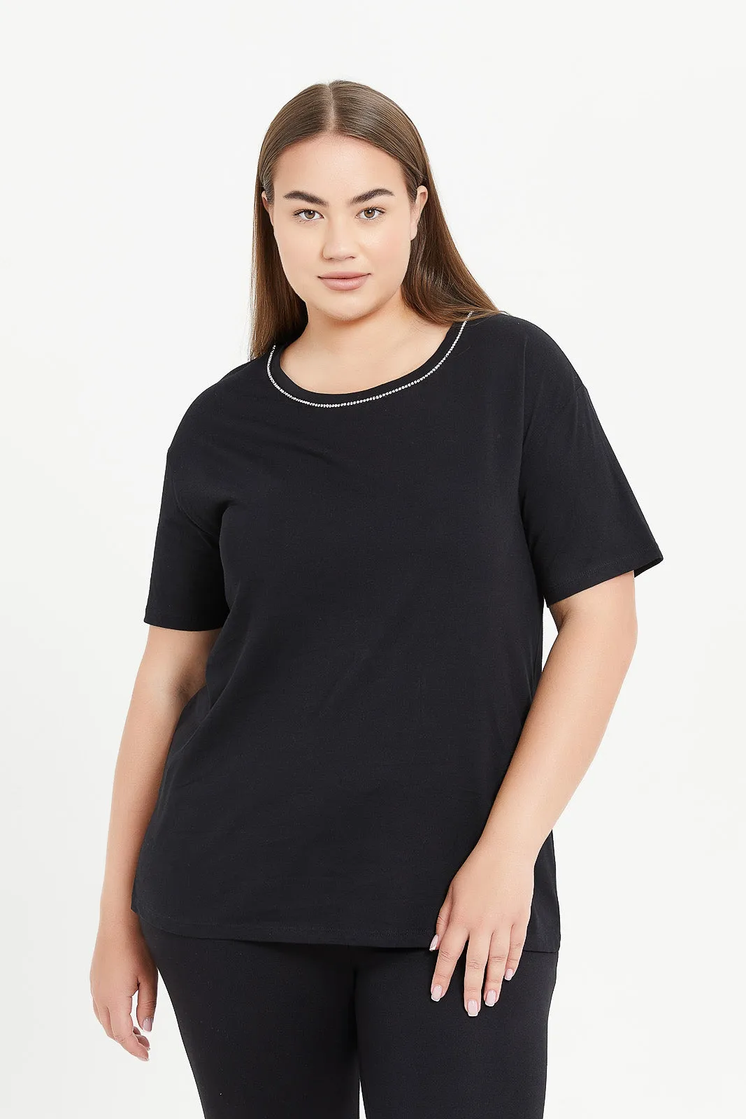 Women Black Embellished Neck T-Shirt