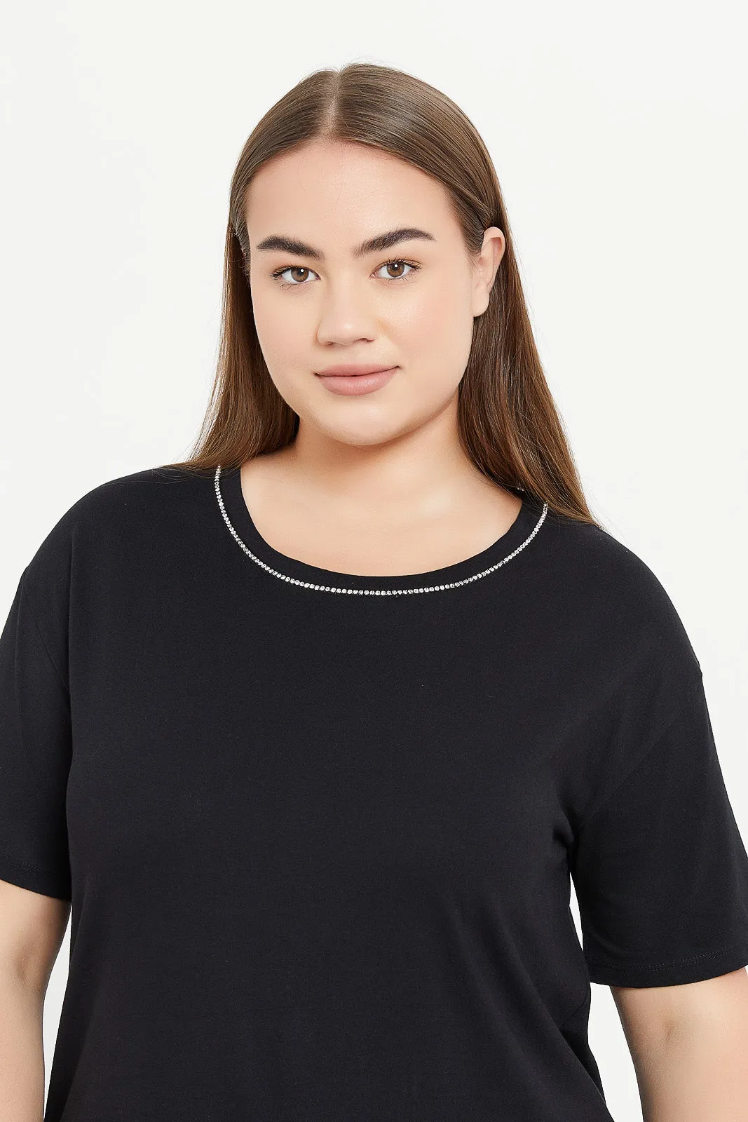 Women Black Embellished Neck T-Shirt