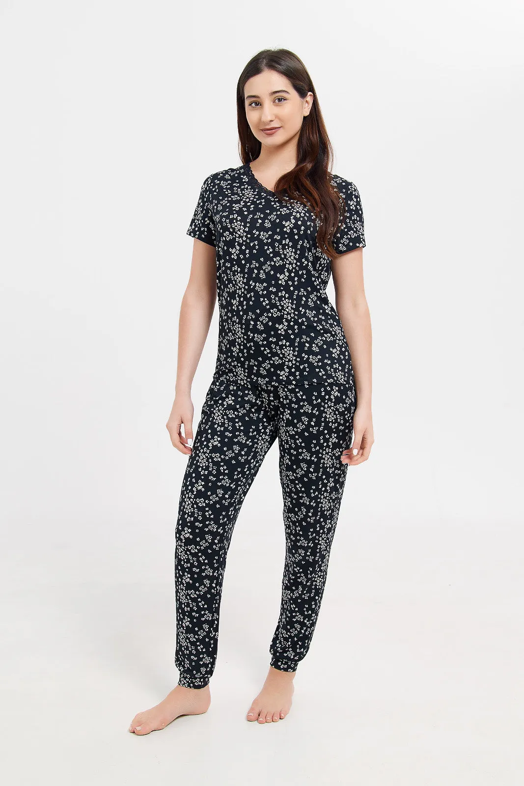 Women Black Short Sleeves Printed Pyjama Set (2 Piece)