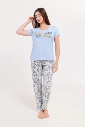 Women Blue Short Sleeves Printed Pyjama Set (2 Piece)