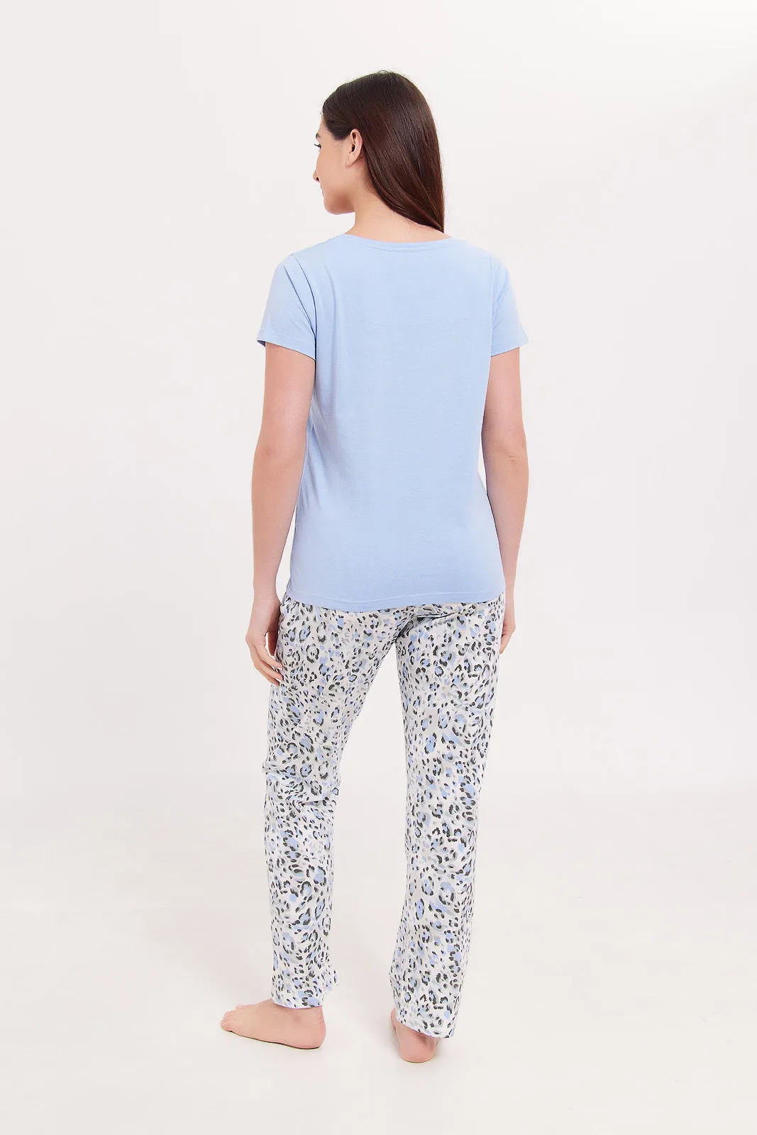 Women Blue Short Sleeves Printed Pyjama Set (2 Piece)