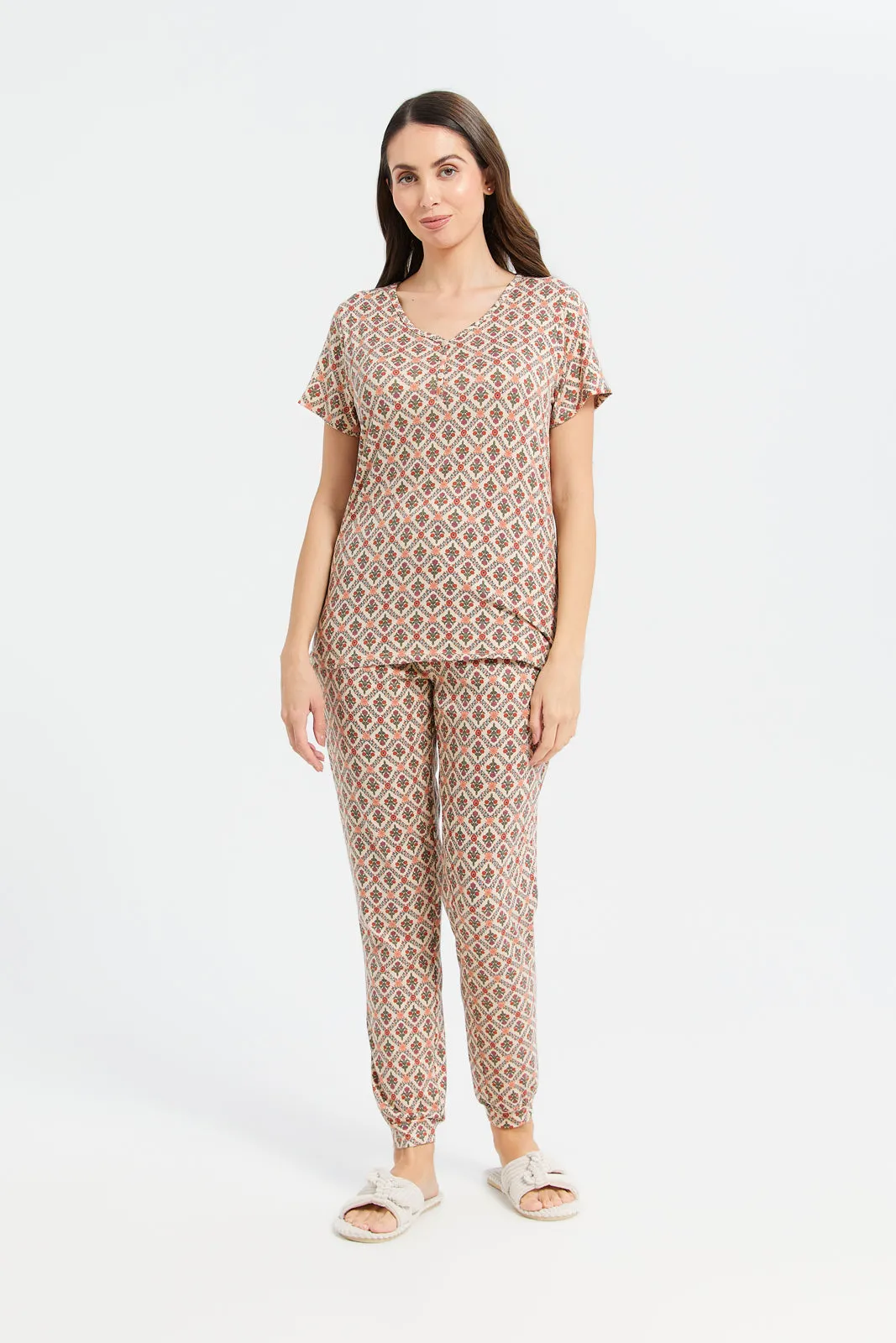 Women Brown Printed Pyjama Set (2 Piece)