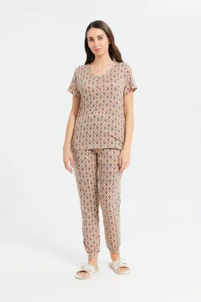 Women Brown Printed Pyjama Set (2 Piece)