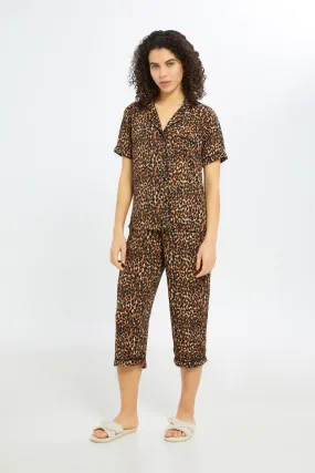 Women Brown Printed Short Sleeves Pyjama Set (2 Piece)