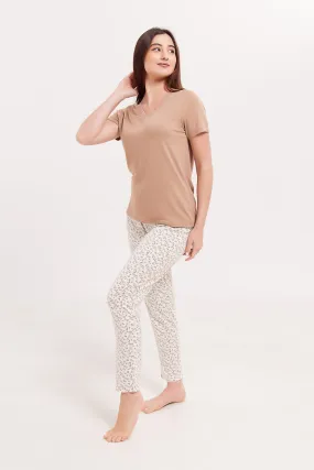 Women Brown Short Sleeves Printed Pyjama  Set (2 Piece)