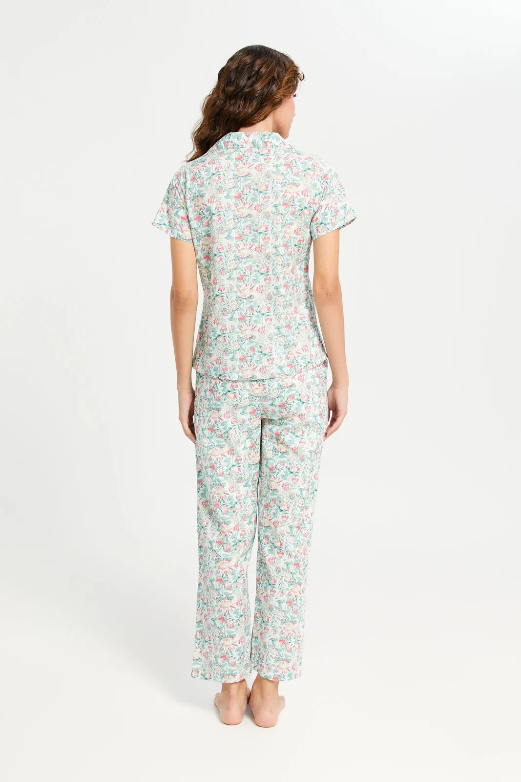 Women Green Floral Print Pyjama Set (2 Piece)