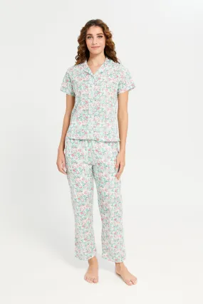 Women Green Floral Print Pyjama Set (2 Piece)