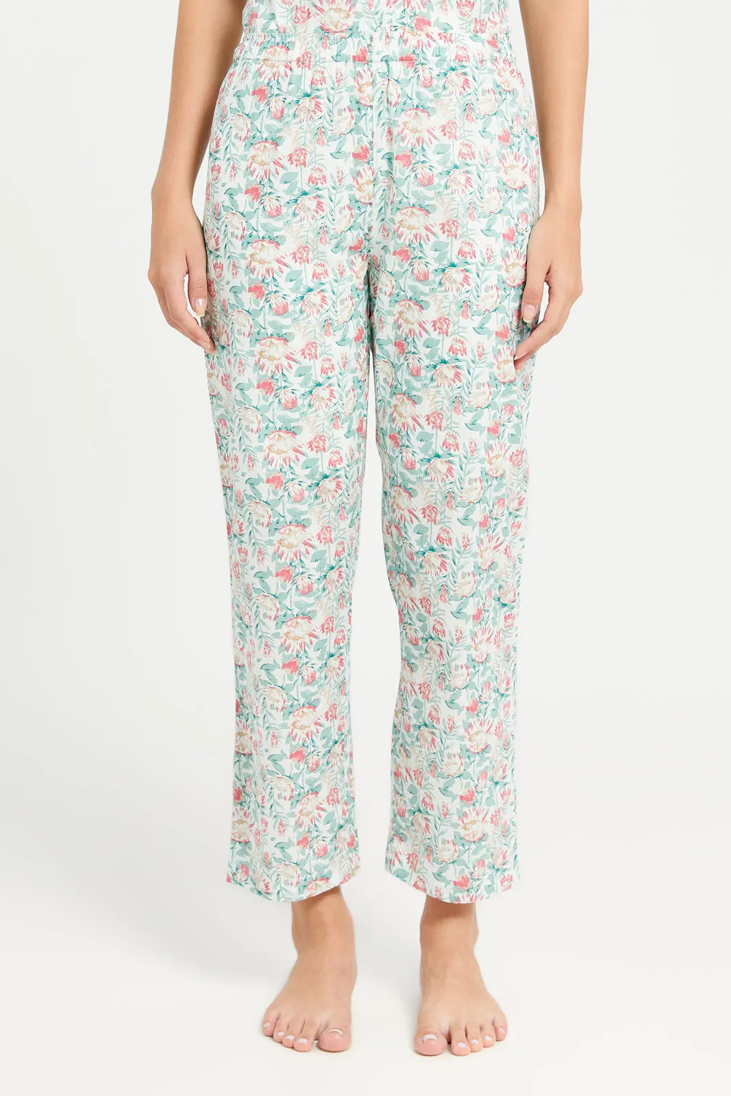 Women Green Floral Print Pyjama Set (2 Piece)