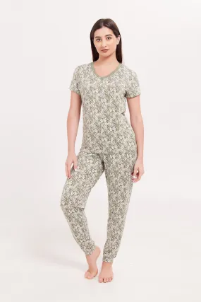 Women Green Short Sleeves Printed Pyjama Set (2 Piece)